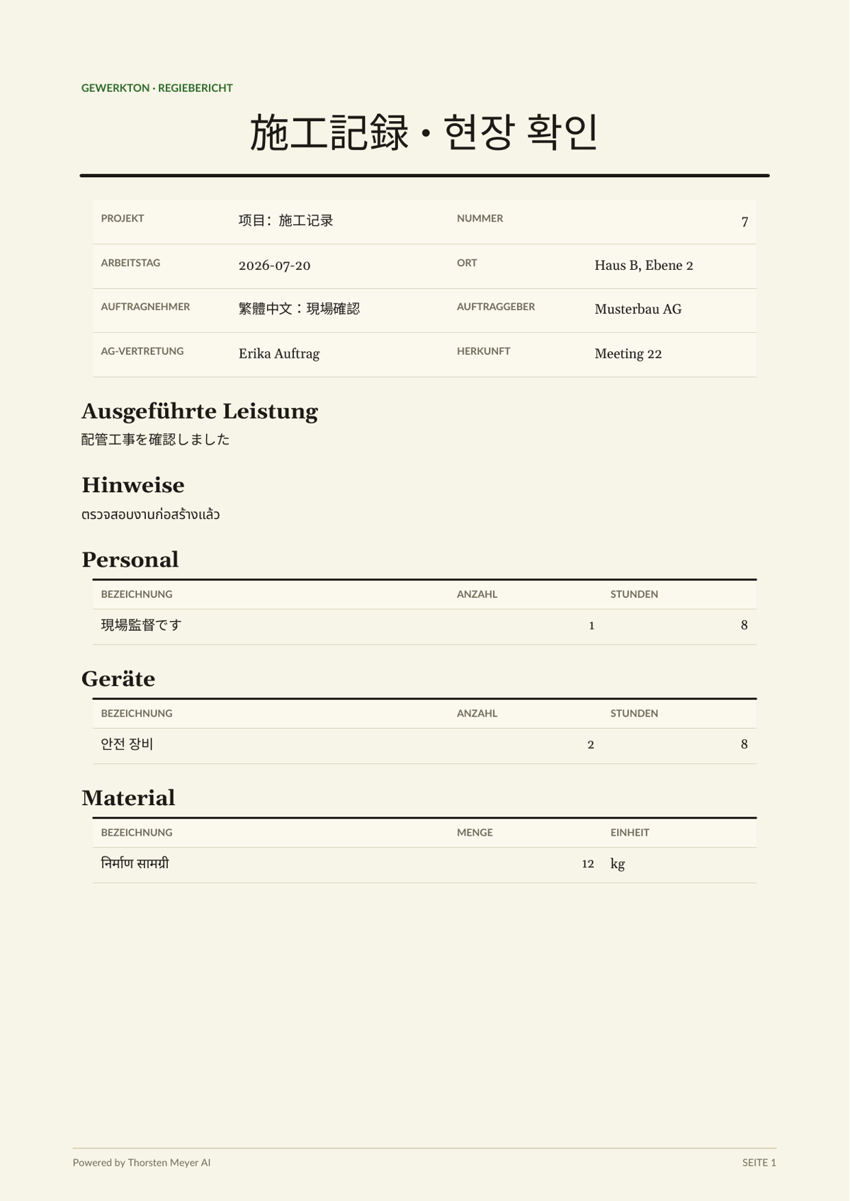 Gerenderter Regiebericht mit deutschen, chinesischen, japanischen, koreanischen, thailändischen und Hindi-Texten